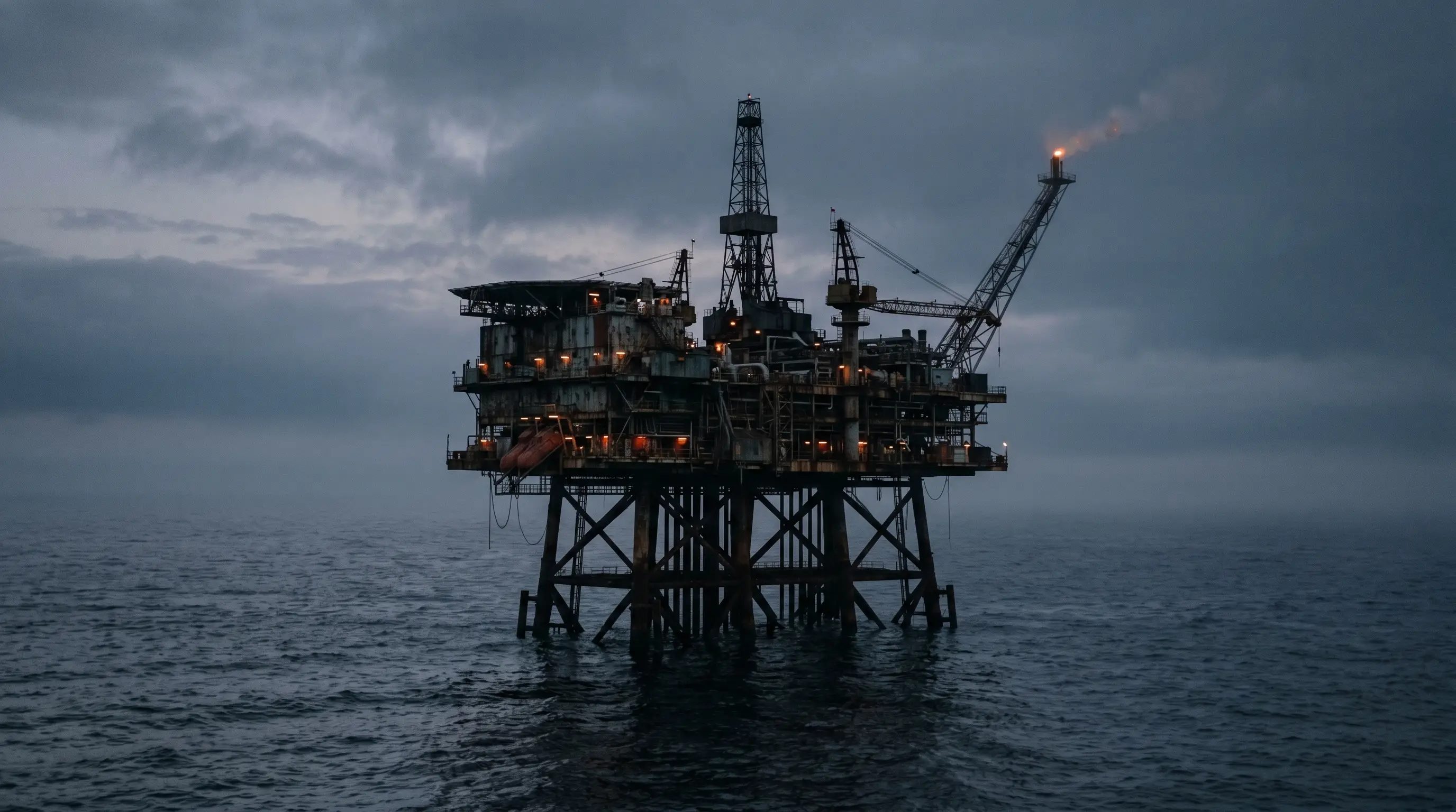 Ageing offshore production platform at dusk in late life