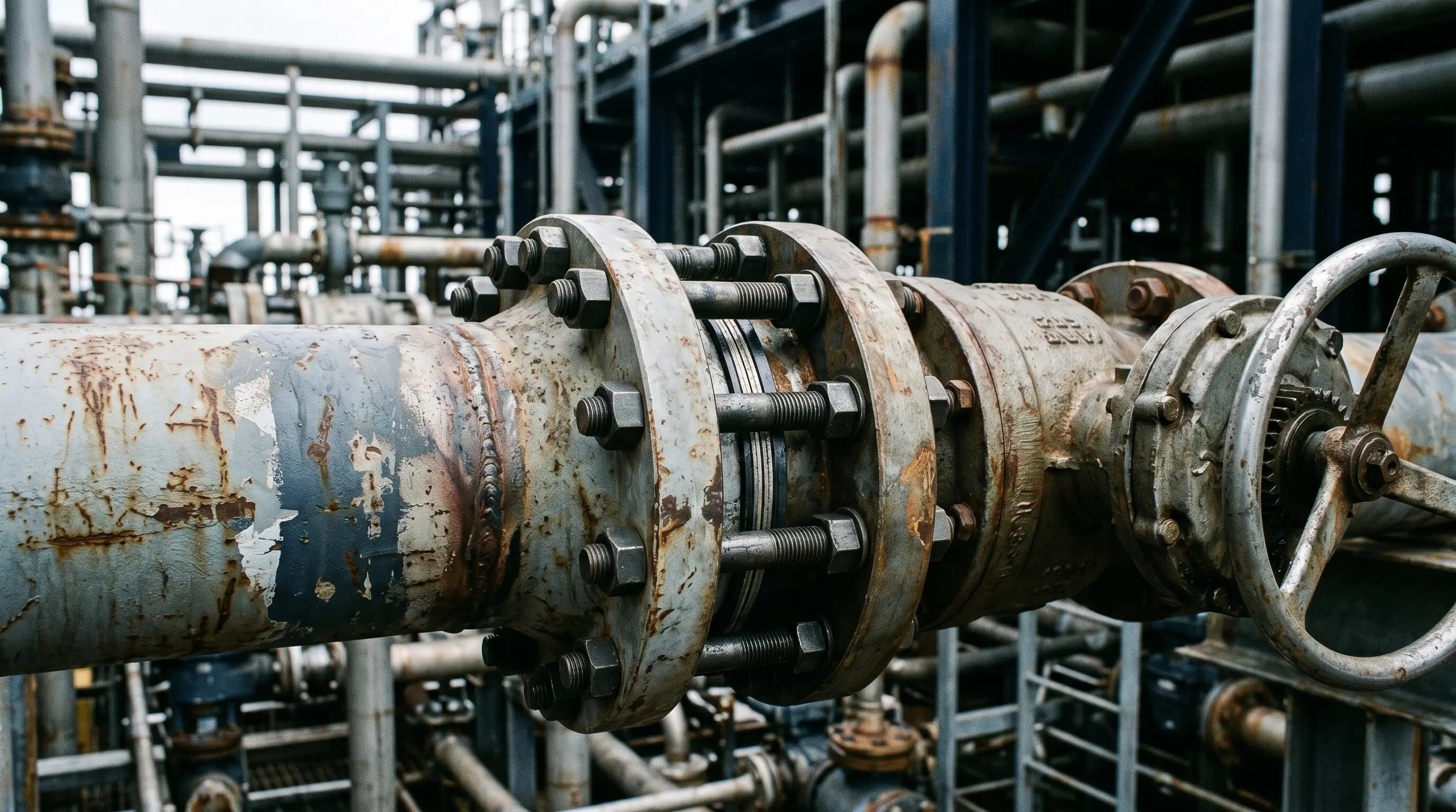 Pipe flange being bolted onto a ball valve on offshore process pipework